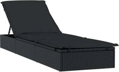 Image de vidaXL Bain de soleil 1 pièce avec support Noir 201x55x62 cm Poly rotin