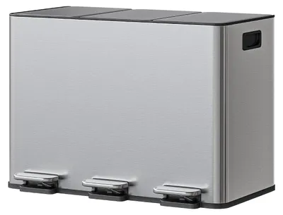 Productafbeelding van Afvalbak voor de keuken - 45 liter - 3 compartimenten - Kunststof - Zachte sluiting - Met pedaal - Stalen look