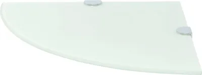 A white glass corner shelf with two silver mounting brackets.