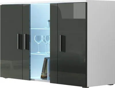 Produktbild von Furniture24 Kommode mit Blauer LED Beleuchtung SOHO S7 Sideboard Schrank Wohnzimmerschrank mit 3 Türen Weiß/Grau Hochglanz