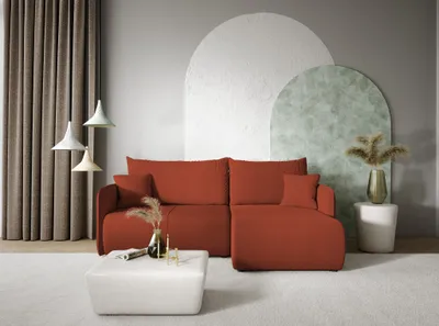 Productafbeelding van Eckbank met slaapfunctie, model CALGARY, bekleding: stof, kleur: kurkrood, met ottomaan aan de rechterkant