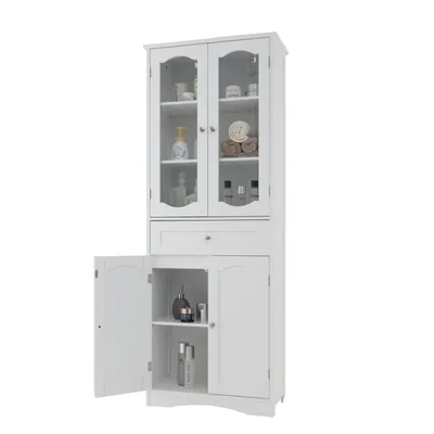 A white freestanding bathroom cabinet with glass doors on the upper section and solid doors on the lower section.