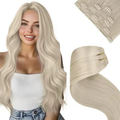 Obrázek produktu pro Clip-in prodlužovací vlasy, přírodní vlasy, platinově blond, 5 kusů, 45 cm, 80 g