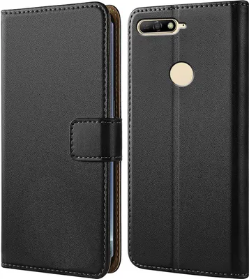 A black flip case for a smartphone is shown from the front and back.