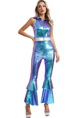 Productafbeelding van Damen Disco jumpsuit, maat S, metallic – Glanzende retro jumpsuit met wijde pijpen, geschikt voor feesten, shows, carnaval, vastenavond en Halloween