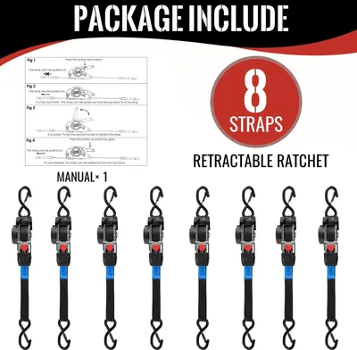 Obrázok produktu pre Napínacie popruhy s račňou – automatické navíjanie – sada 8 ks – 3 m x 25 mm – S-háčiky – upevňovacia sila 137 kg – 100 % polyester – čierna farba