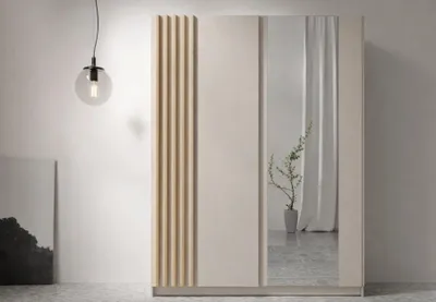 Produktbild von AX LIVING Kleiderschrank Beige mit Spiegel 150 cm Beralto mit Lamellen