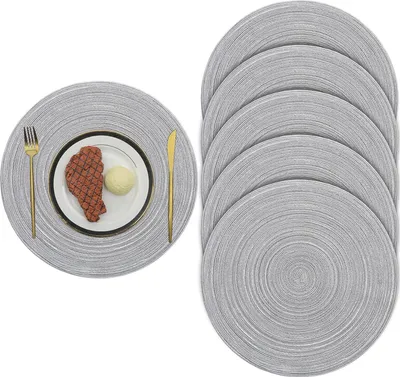 Produktbild von OKWISH 6er Set Tischsets Abwaschbar Rund, Platzsets Geflochten, Schmutzabweisend, Hitzebeständig, Tischmatten, Platzdeckchen Abwaschbar, Grau