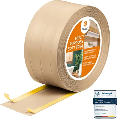Produktbild von QUEST 4in1 Multifunktionsleiste, Weichsockelleiste Selbstklebend 1x95mm, 5m, Abschlussleiste Multifunktional, Flexibel, Dekorativ, UV-beständig, W3, sandig