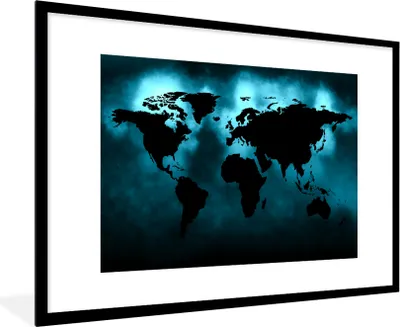 Produktbild von MuchoWow® MuchoWow® Gerahmtes Poster Weltkarte - Schwarz - Blau 90x60 cm - Poster mit zchwarzem Bilderrahmen - Wanddekoration - Fotos
