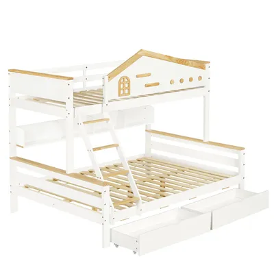 Produktbild von Flieks Etagenbett 90x200/140x200cm mit 2 Schubladen, Hochbett Kinderbett Hausbett mit Ablagen, Stockbett mit Rausfallschutz und Lattenrost, Weiß