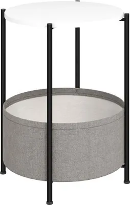 Produktbild von 44x44x56cm Grau Weiss Beistelltisch Couchtisch Mit Korb Aus Stoff Runder Kaffeetisch Stauraum Stahl Wohnzimmer Schlafzimmer