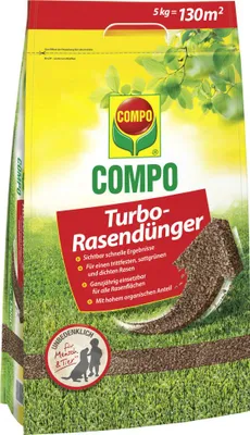 Produktbild von Turbo-Rasendünger Compo 5 kg 130 m² organisch-mineralischer Dünger, sichtbar schnelle Ergebnisse