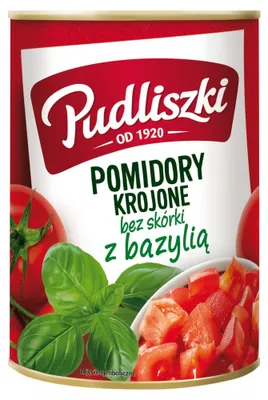 Produktbild von Pudliszki, gehackte, geschälte Tomaten mit Basilikum, 400 g