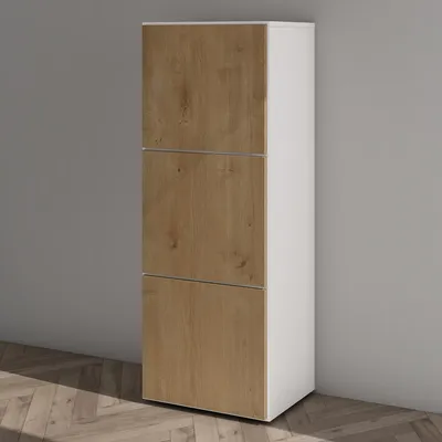 Produktbild von Mai & Mai Schuhschrank Schuhkommode mit 3 Schränken BTH: 45x36x120 cm Schuhregal Möbel in Weiß matt + Kerneiche Schuhschrank02