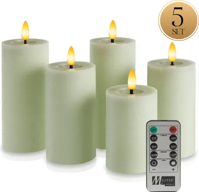 Produktbild von Meisterhome® LED Stumpenkerzen 5er-Set – LED Kerzen - Flammenlose Kerzen im Rustik-Design – Ø 7 cm, Höhen 10/12,5/15 cm – Warmweißes flackerndes Licht – Mit Fernbedienung & Timer – Batteriebetrieben, Farbe:Sage