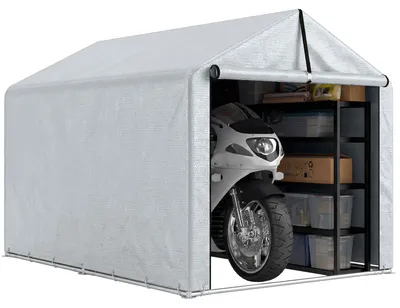 Productafbeelding van Garagetent 2,2 x 1,6 m, waterdichte uitrustingstent met oproldeur, hellend dak, stalen frame, UV-bestendig, lichtgrijs