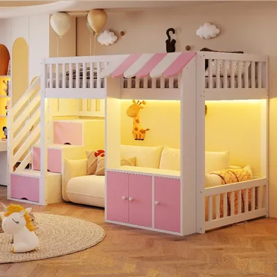 Obrázok produktu pre Postel s vysokým rámom, 90x200 cm, z dreva, s úložným priestorom, schodiskom s úložným priestorom a viacfarebným LED osvetlením, biela/ružová, s pružinovou roštovou konštrukciou