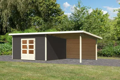 Produktbild von Karibu Gartenhaus Gerätehaus Northeim 5 im Set mit einem Anbaudach Breite 3,3 m und 28mm Rückwand terragrau 665x369x229,5 cm