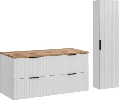 Obrázek produktu pro Koupelnový nábytek 120 cm bílý matný s deskou v dubu a vysokou skříňkou