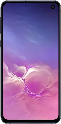 A front-facing view of a Samsung Galaxy S10e smartphone with a purple and blue abstract wallpaper displayed on the screen.