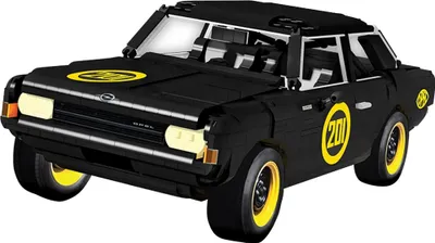 A black Lego-style model of a car with yellow accents.