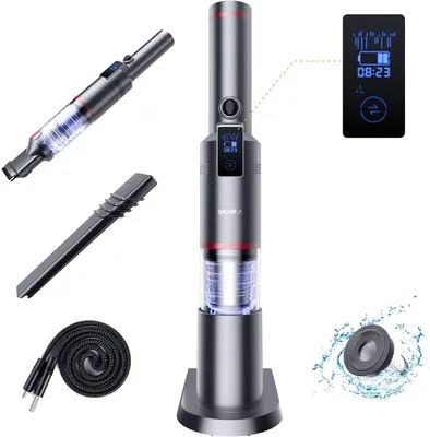 A collage of images featuring a portable vacuum cleaner and its accessories, along with a charging cable and a digital display.