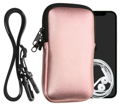 Produktbild von kwmobile Handytasche für Smartphones L - 6,5" - Neopren Handy Hülle Metallic Rosegold mit Kordel - Handy Tasche mit Handykette 16,5 x 8,9 cm Innenmaße