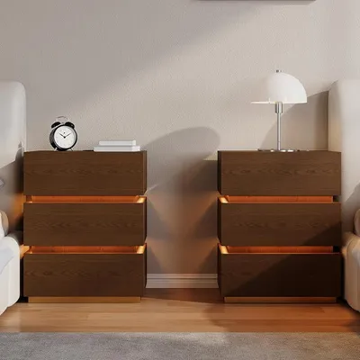 Produktbild von Nachttisch 2er Set mit kabelloser Ladestation, LED Smart Nachtschrank mit Schubladen & USB-Anschlüssen, Modernes Nachtkästchen mit LED-Beleuchtung für Schlafzimmer (Led Nussbaum 3 Schubladen)