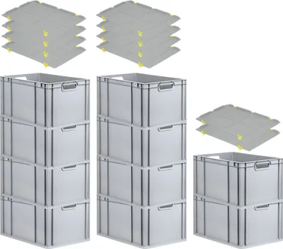 Produktbild von SparSet 10x Eurobox NextGen Grip mit Auflagedeckel inkl. 4 gelben Schiebeschnappverschlüssen | HxBxT 32x40x60cm | 65 Liter | Grau | Griffe offen | Verstärkter Boden | Eurobehälter, Transportbox, Transportbehälter, Stapelbehälter