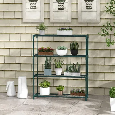 Produktbild von Pflanzenregal 4 Etagen Stahl, Blumentreppe Pflanzenständer outdoor, Pflanzentreppe, Dunkelgrün | 89 x 28 x 107 cm | 10 kg | Innen & Außen