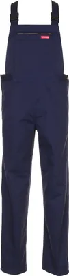 A full-body shot of navy blue overalls against a white background.