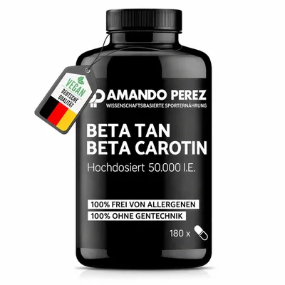 Produktbild von Amando Perez Beta Tan+ Bräunungskapseln Hochdosiert 50.000 I.E. – 180 Softgels – Natürliches Beta Carotin aus Dunaliella salina – Provitamin A – Vegan