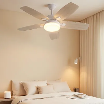 Obrázok produktu pre INONEFT, stropný ventilátor s priemerom 106 cm, s osvetlením a diaľkovým ovládaním, 5 lopatiek, ultra tichý DC motor, 6 rýchlostí, stmievateľné LED osvetlenie, prírodná farba dreva