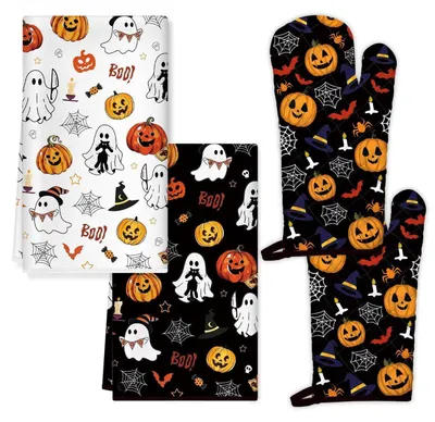 Immagine prodotto di Set da 4 pezzi per la cucina a tema Halloween: guanti da forno e presine, in cotone/poliestere