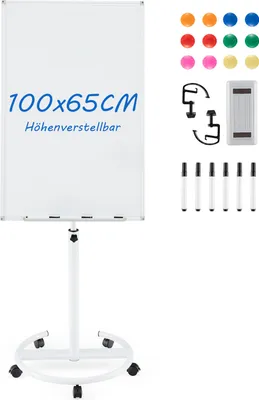 Obrázek produktu pro Stojan na flipchart COSTWAY 100x65cm, mobilní magnetická tabule s popisovači, gumou a kolečky, výškově nastavitelná až do 192 cm, za sucha stíratelná