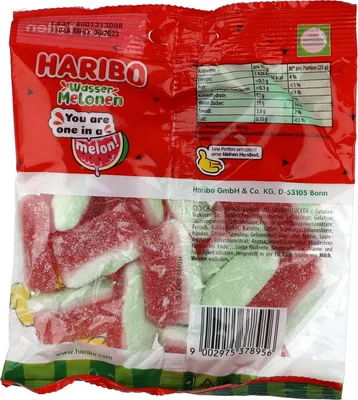 Produktbild von Haribo Wassermelonen, Weiche Süßigkeiten, 160 g, Wassermelone, Grün, Rot, Weiß, 1426 kJ, 336 kcal