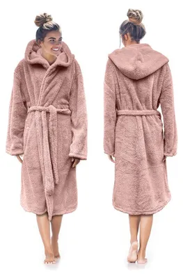 Produktbild von LINNICK Teddy Fleece Bademantel mit Kapuze inklusive Teddy Tasche - hellrosa - S