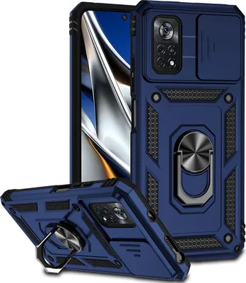 Image de Xiaomi Poco X4 Pro 5G étui double couche avec couvercle coulissant pour l'appareil photo et support annulaire bleu
