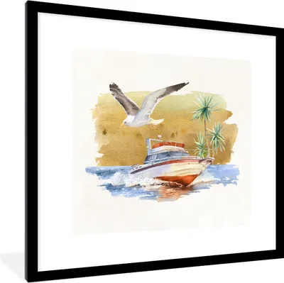 Produktbild von MuchoWow® MuchoWow® Gerahmtes Poster Boot - Vogel - Aquarell 40x40 cm - Poster mit zchwarzem Bilderrahmen - Poster - Plakat im Rahmen