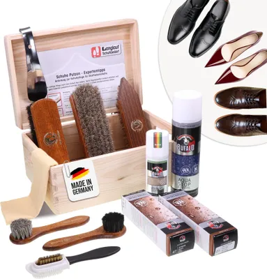 Produktbild von Schuhputzset Venezia - Komplettset für die Schuhreinigung und -pflege | 12-teiliges Schuhpflege-Set für Stiefel und Schuhe aus Leder | Reinigungsset für Schuhe