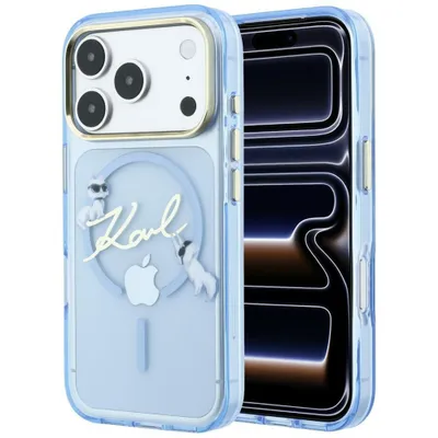 Immagine prodotto di Custodia per iPhone 18 Pro, marca Karl Lagerfeld, in plastica blu, compatibile con MagSafe, con motivo a forma di gatto (Choupette)