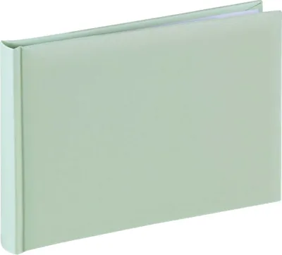 A light green album is shown from a slightly elevated side angle, lying flat on a white surface.