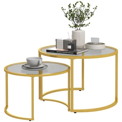 Produktbild von HOMCOM Set aus 2 runden, ineinander steckbaren Couchtischen, 70/54 cm Platte aus gehärtetem Glas und Beinen aus Kohlenstoffstahl, modernes Golddesign
