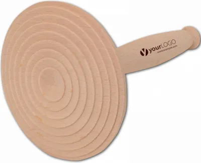 A wooden rolling pin with concentric circles on its surface, placed on a white background.