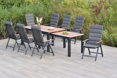 Produktbild von Merxx Gartenmöbel Set Tinos 17tlg., 8 Klappsessel inkl. Kissen, Flex Ausziehtisch 180 (180) x 100 (83) x 80 (74) cm- Aluminium/Akazie