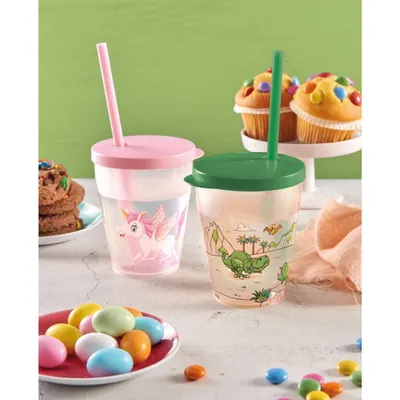 Image de 12 gobelets pour enfants 385ml avec couvercle & paille Anniversaire enfant