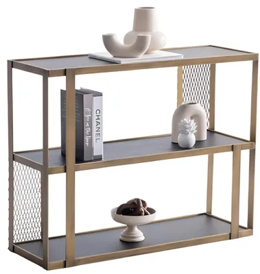 Image de Console avec structure métallique dorée et étagères en bois