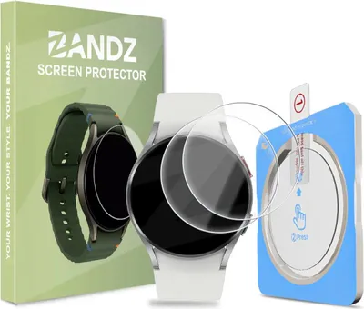 Produktbild von Bandz Displayschutzfolie aus gehärtetem Glas (2er Pack) 44mm mit One-Click-Installationswerkzeug - geeignet für Samsung Galaxy Watch 4 44mm - Klar - Kratzfest - Blasenfrei
