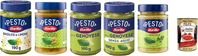 Produktbild von Testpaket Barilla Pesto 5x 190g Pesto mit Basilikum aus nachhaltiger Landwirtschaft hergestellt + Italian Gourmet polpa 400g
